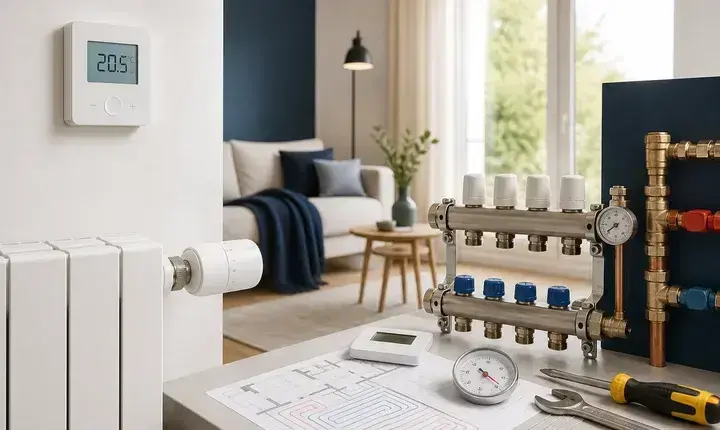 Chauffage: solution confort, régulation et zones Solution confort chauffage avec thermostat programmable, collecteur, radiateur et plancher chauffant