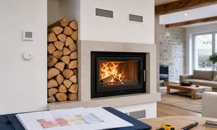 Solution confort cheminée avec insert performant, grilles de distribution, thermostat, plan de chauffage et stockage bois