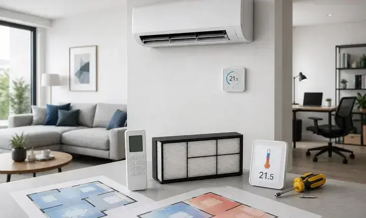 Solution confort climatisation avec thermostat, filtres, zones de confort et unité réversible