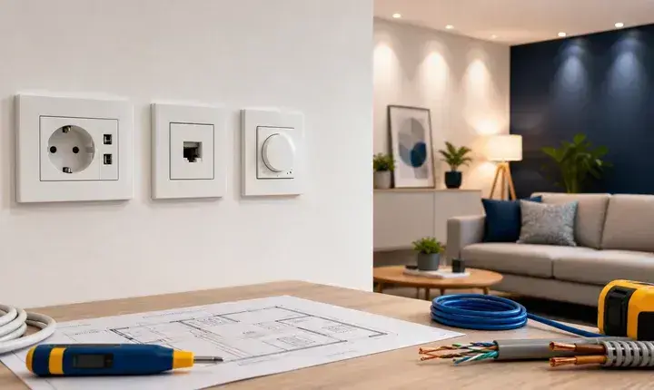 Électricité: solution confort avec prises, RJ45 et éclairage Solution confort électricité avec prises USB, RJ45, variateur, éclairage encastré et plan