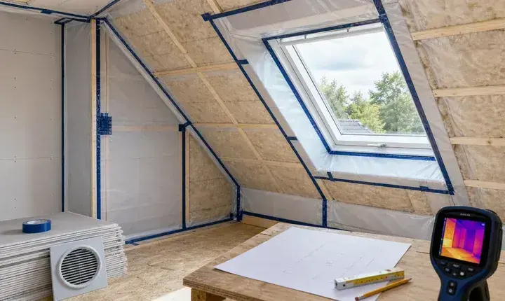 Solution confort isolation des combles avec double couche, membrane étanche, fenêtre de toit et caméra thermique