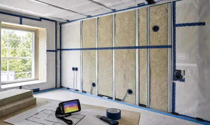 Isolation murs intérieurs: solution confort Solution confort isolation murs intérieurs avec membrane étanche, bandes, prises étanches, plan et caméra thermique
