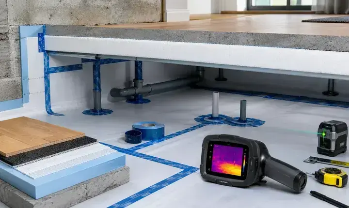 Isolation sol et plancher bas: solution confort Solution confort isolation sol et plancher bas avec membrane, joints, colliers de tuyaux, caméra thermique et coupe technique