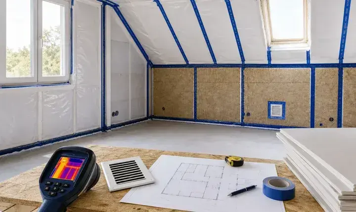Solution confort isolation avec membrane étanche, caméra thermique, plan, grille et plaques de finition
