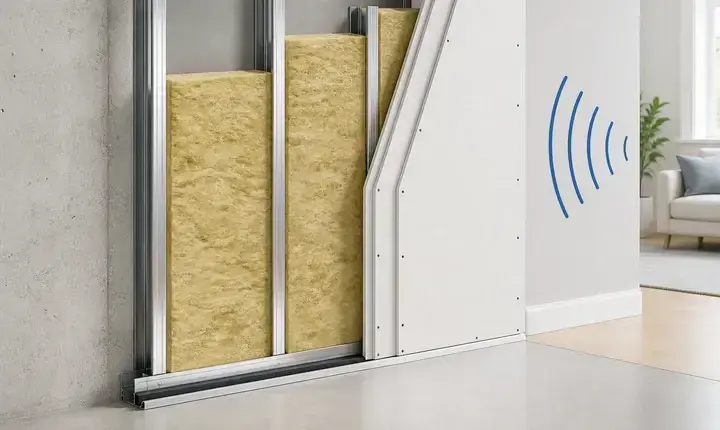 Plâtrier plaquiste: solution confort avec isolation acoustique Solution confort plâtrier plaquiste avec double plaque, isolant acoustique, joint périphérique et mur fini