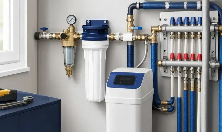 Plomberie: solution confort, pression et filtration Solution confort plomberie avec filtration, réducteur de pression, nourrice et tuyaux isolés