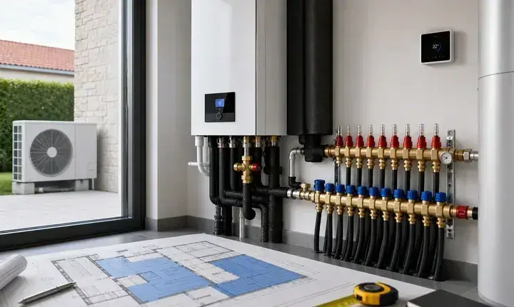 Solution confort pompe à chaleur avec plancher chauffant, collecteur, zones et thermostat connecté