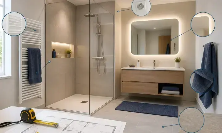Rénovation salle de bain: solution confort avec douche, ventilation, éclairage et sèche-serviettes