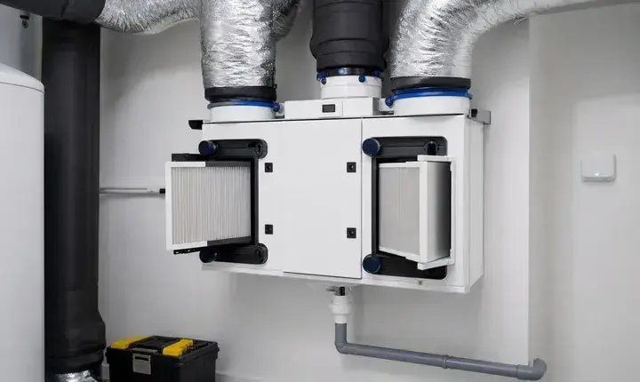 VMC et ventilation: solution confort double flux Solution confort VMC double flux avec échangeur, filtres, gaines isolées, évacuation condensats et capteur