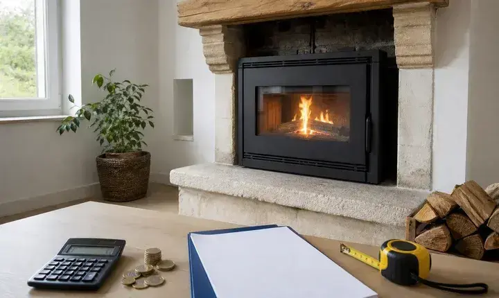 Solution économique cheminée avec insert dans foyer existant, calculateur, euros, devis vierge, mètre et bûches