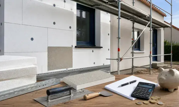 Solution économique isolation thermique extérieure avec panneaux PSE, façade, calculateur, devis vierge, euros et outils