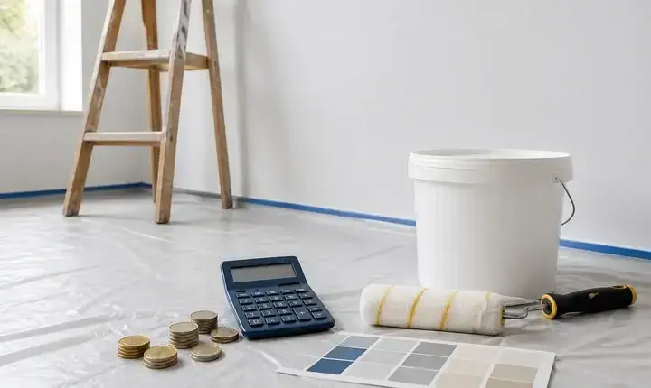 Solution économique peinture intérieure avec budget, pièces, calculatrice et rouleau