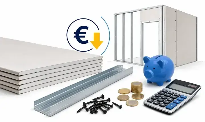 Plâtrier plaquiste: solution économique et budget maîtrisé Solution économique plâtrier plaquiste avec plaques BA13, rails, euros, calculatrice et budget maîtrisé