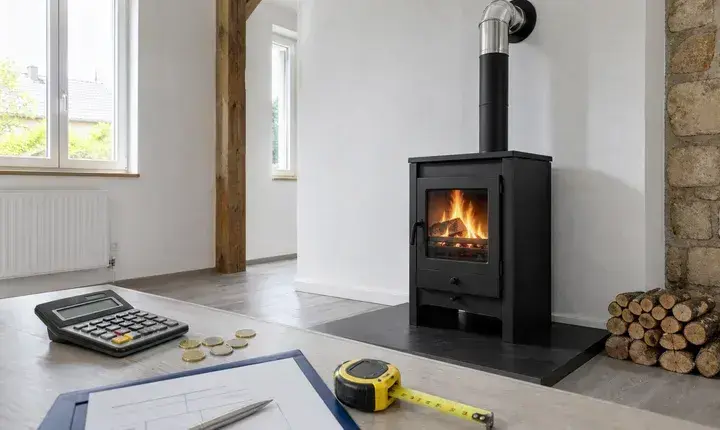 Poêle bois et granulés: solution économique Solution économique poêle à bois avec conduit existant, plaque de protection, calculateur, euros et bûches