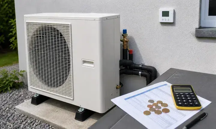 Solution économique pompe à chaleur avec unité extérieure, thermostat, calculateur et budget