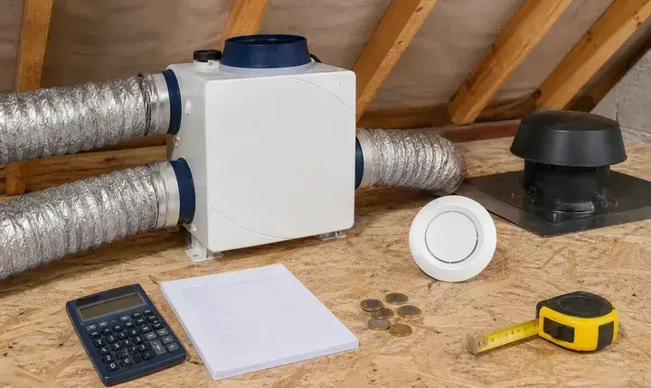 VMC et ventilation: solution économique simple flux Solution économique VMC simple flux avec caisson, gaines, bouche, sortie toiture, calculateur et euros