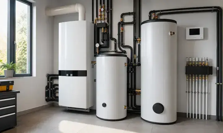 Chaudière: solution premium avec ECS et ballon Solution premium chaudière avec ballon ECS, ballon tampon, régulation et collecteur