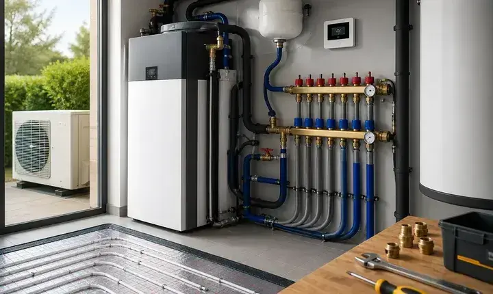 Chauffage: solution premium, pompe à chaleur et plancher chauffant Solution premium chauffage avec pompe à chaleur, module hydraulique, collecteur et plancher chauffant