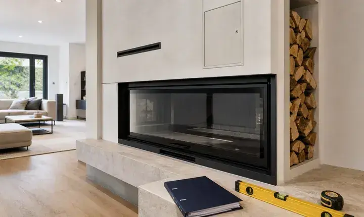 Solution premium cheminée avec insert panoramique, habillage minéral, grilles discrètes, trappe et finitions haut de gamme