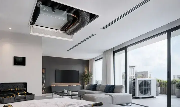 Solution premium climatisation gainable avec unité en plafond, diffuseurs linéaires et groupe extérieur