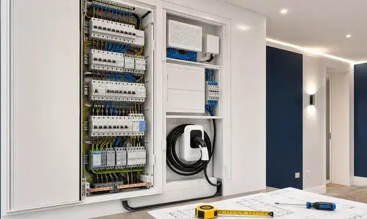 Électricité: solution premium, domotique et installation évolutive Solution premium électricité avec tableau connecté, modules domotiques, réseau et borne de recharge
