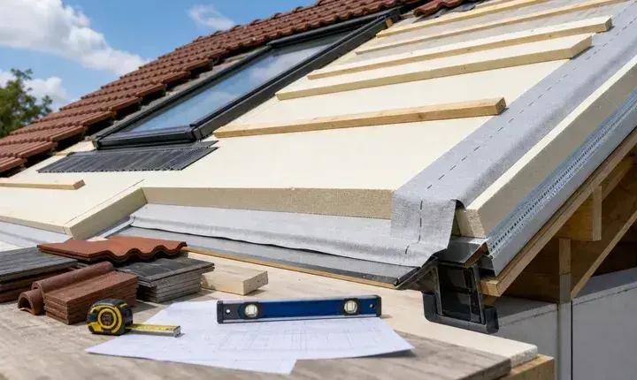 Solution premium isolation des combles par sarking avec panneaux, membrane, liteaux, tuiles et fenêtre de toit