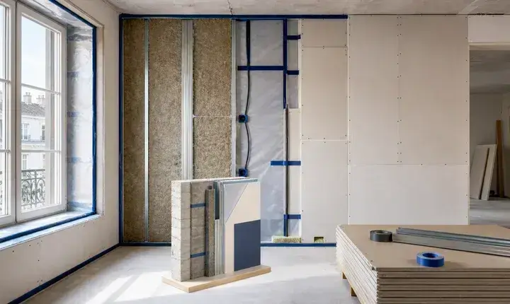 Isolation murs intérieurs: solution premium Solution premium isolation murs intérieurs avec système complet, membrane, double plaque, retour de fenêtre et coupe de mur