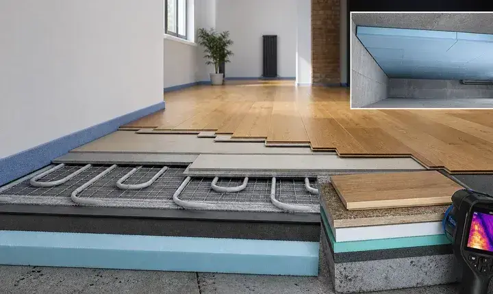 Isolation sol et plancher bas: solution premium Solution premium isolation sol et plancher bas avec chape sèche, plancher chauffant fin, isolation continue, parquet et caméra thermique