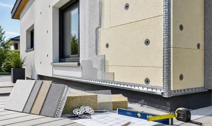 Solution premium isolation extérieure avec panneaux façade, profilés, chevilles, treillis, enduits et plan