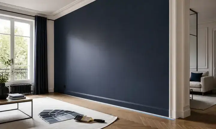 Solution premium peinture intérieure avec mur bleu profond, finition haut de gamme et détails nets