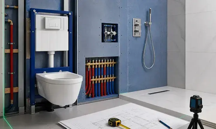 Plomberie: solution premium et installation encastrée Solution premium plomberie avec WC suspendu, mitigeur encastré, nourrice et douche haut de gamme