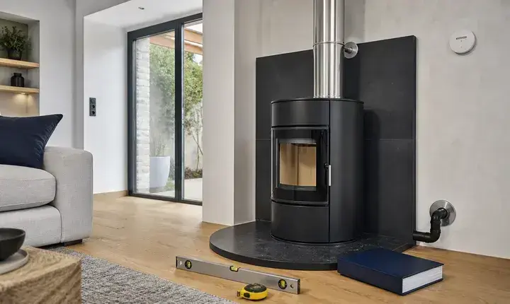 Poêle bois et granulés: solution premium Solution premium poêle bois et granulés avec appareil haut de gamme, conduit isolé, protection murale, plaque pierre et finitions
