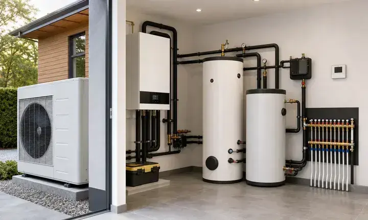 Solution premium pompe à chaleur avec ballon ECS, ballon tampon, module hydraulique et plancher chauffant