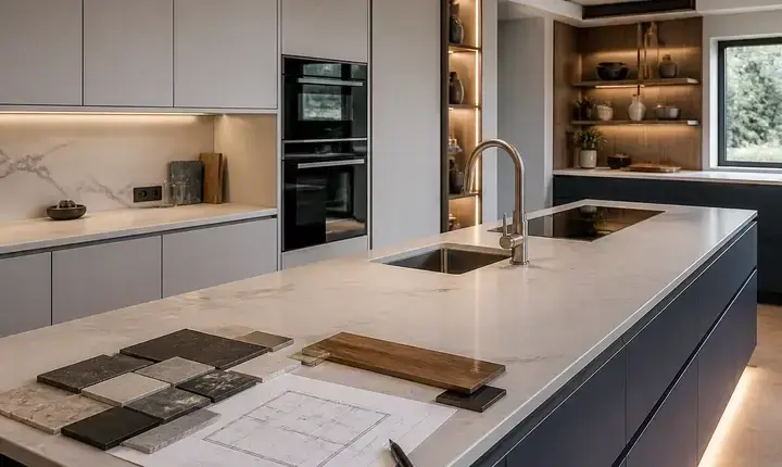 Rénovation cuisine: solution premium et sur mesure Rénovation cuisine: solution premium avec îlot, plan pierre, mobilier sur mesure et finitions haut de gamme