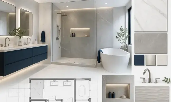 Rénovation salle de bain: solution premium avec grands carreaux, meuble élégant et finitions haut de gamme