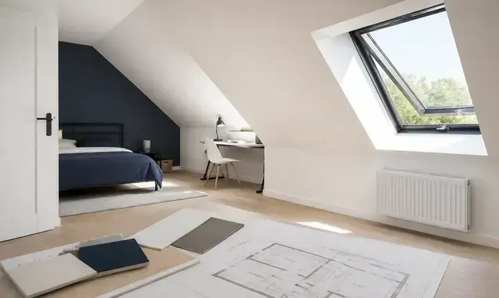 Aménagement combles: solution standard et pièce habitable Aménagement combles solution standard avec chambre, bureau, fenêtre de toit et plan