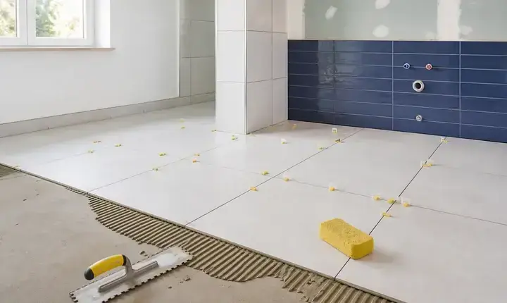 Carrelage et faïence: solution standard et pose équilibrée Solution standard carrelage et faïence avec pose au sol, faïence murale, croisillons et colle