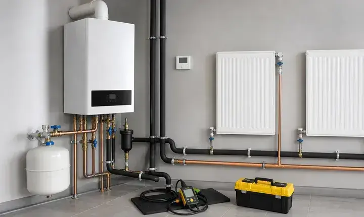 Chaudière: solution standard avec réseau vérifié Solution standard chaudière avec radiateurs, vase d'expansion, pot à boues et raccordements