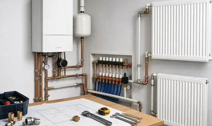 Chauffage: solution standard avec réseau organisé Solution standard chauffage avec chaudière, radiateurs, collecteur, réseau et plan