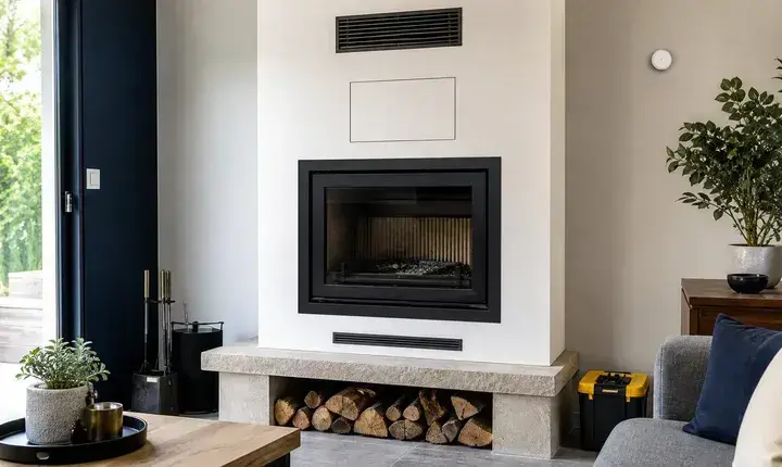 Solution standard cheminée avec foyer fermé, habillage, grilles, trappe technique et stockage bois