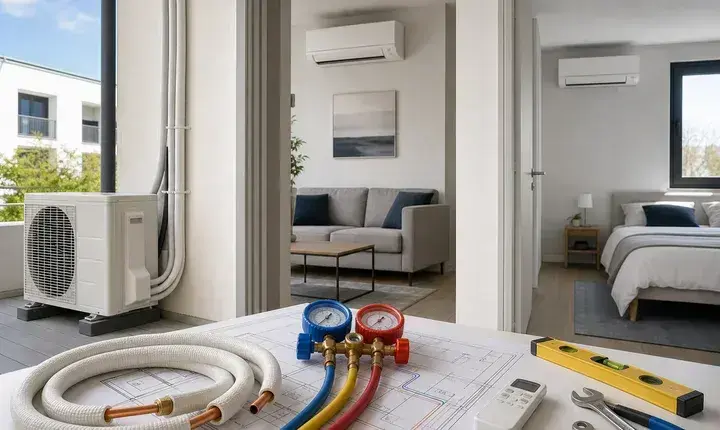 Solution standard climatisation avec multi-split, deux unités intérieures, groupe extérieur et plan