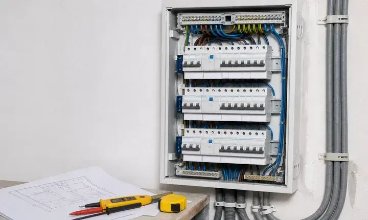 Électricité: solution standard avec tableau et circuits organisés Solution standard électricité avec tableau moderne, disjoncteurs, gaines et plan électrique