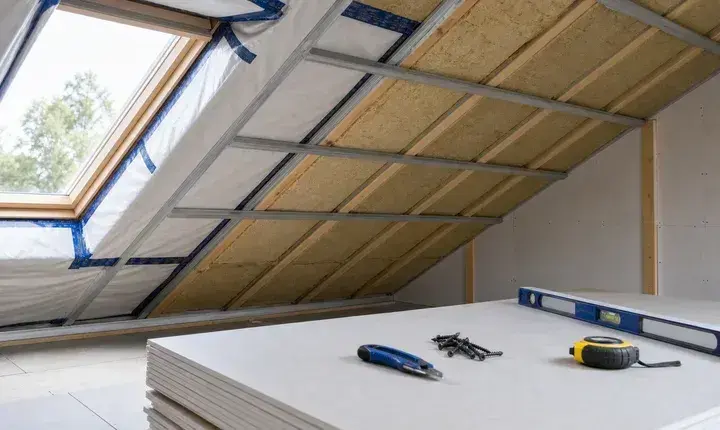 Solution standard isolation des rampants avec isolant, membrane, rails, placo et outils