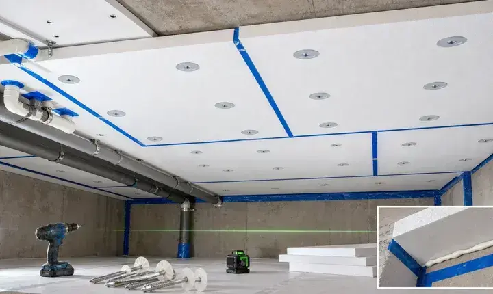 Isolation sol et plancher bas: solution standard Solution standard isolation sol et plancher bas avec panneaux fixés sous plancher, joints bleus, tuyaux protégés et laser
