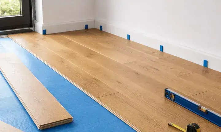 Parquet: solution standard avec sous-couche et pose propre Solution standard parquet avec sous-couche, lames alignées et maillet de pose
