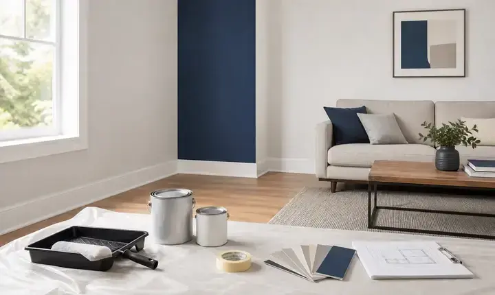 Solution standard peinture intérieure avec pièce finie, mur bleu, plan et matériel