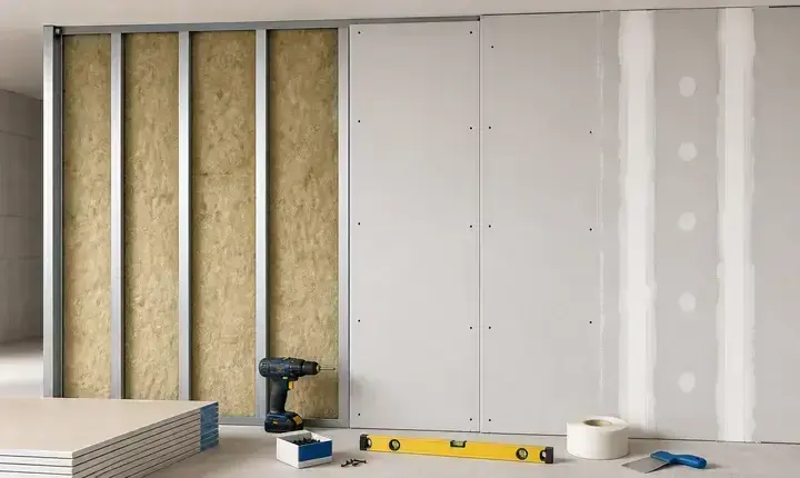 Plâtrier plaquiste: solution standard et pose équilibrée Solution standard plâtrier plaquiste avec ossature métallique, isolant, plaques, vis et bandes