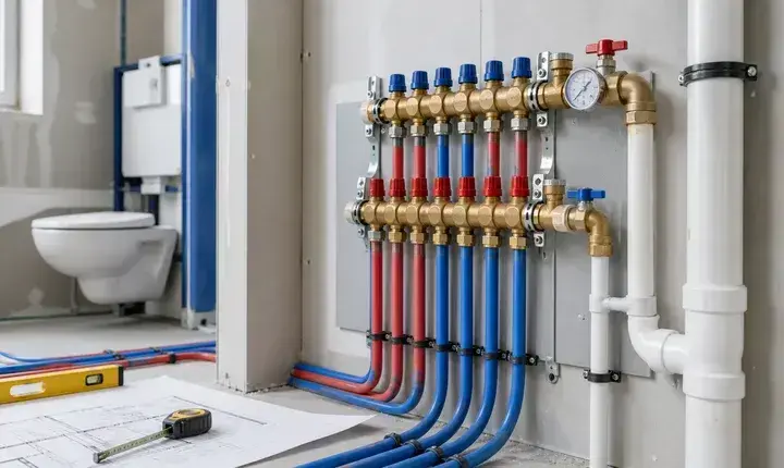Plomberie: solution standard avec réseau organisé Solution standard plomberie avec nourrice, tuyaux PEX, évacuation PVC et plan