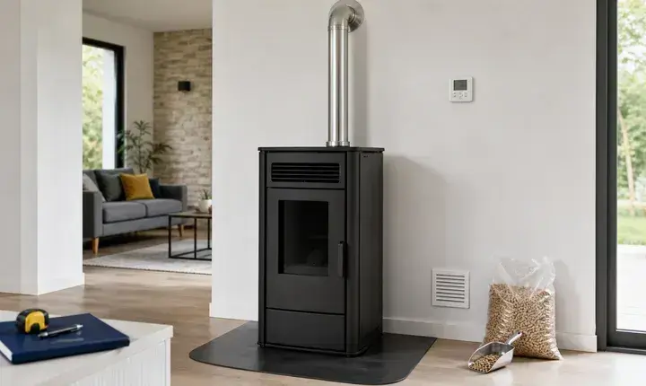 Poêle bois et granulés: solution standard Solution standard poêle à granulés avec conduit droit, thermostat, arrivée d'air, plaque et sac de pellets