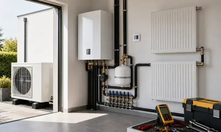 Solution standard pompe à chaleur air eau avec module hydraulique, radiateurs, collecteur et unité extérieure